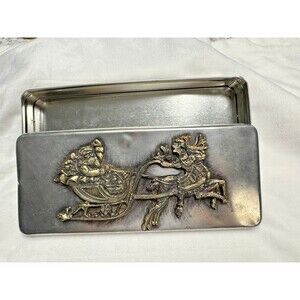 Vintage Metzke Pewter Christmas Waving Santa Tin Sleigh Reindeer Bells Candy Box